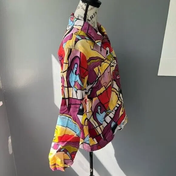 Vintage 90s mirror image surrealist multi colored patterned button up jacket - Picture 6 of 11